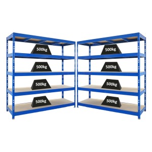 PROREGAL Mega Deal 2x Profi Schwerlastregal Rhino HxBxT 200x200x60cm 5 Spanplatten-Ebenen 8mm Fachlast 500kg Blau