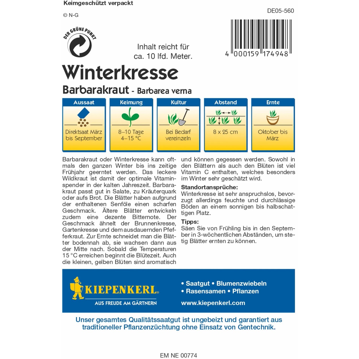 Kiepenkerl Winterkresse Barbarakraut Samenpackung mit Aussaat- und Erntehinweisen.