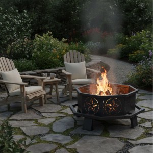 Achteckige Relaxdays Feuerschale aus schwarzem Stahl mit Sternenmotiv, brennt auf der Terrasse. Perfekt für Garten.