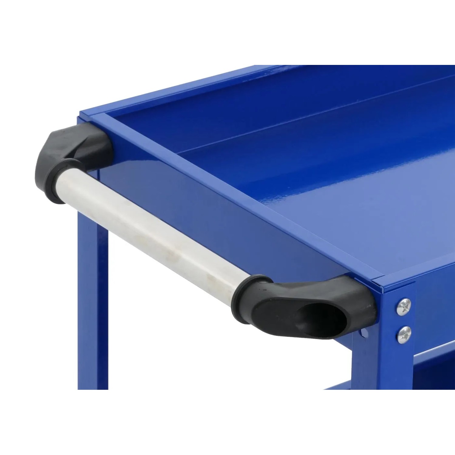 Detailaufnahme: Blauer PROREGAL Werkzeugwagen mit Handgriff und 3 Ladeflächen.