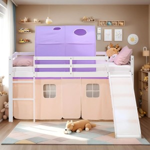 Weißes Kinder Hochbett 90x200 aus Kiefernholz mit Rutsche, lilafarbenem Tunnel und peachfarbenem Vorhang für Abenteuerbetten.