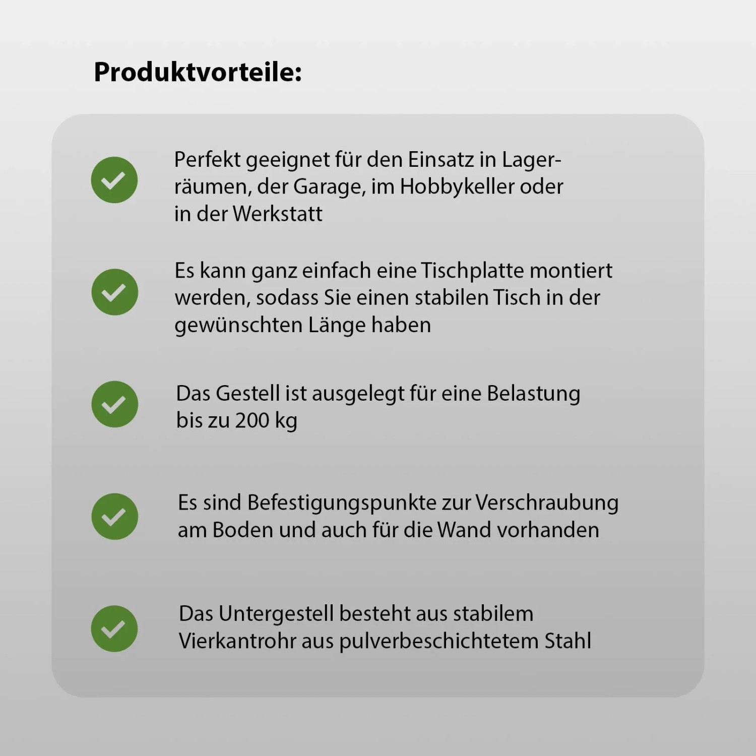 Produktvorteile des schwarzen TRUTZHOLM Werktisch Untergestells aus Stahl, Traglast bis 200 kg.