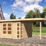 Karibu Holz-Gartenhaus Sölve, unbehandelt, mit Flachdach und Anbau.