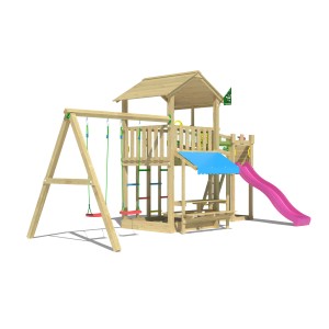 Jungle Gym Spielturm Cascade mit 2 Schaukeln, Brücke und fuchsia Rutsche.