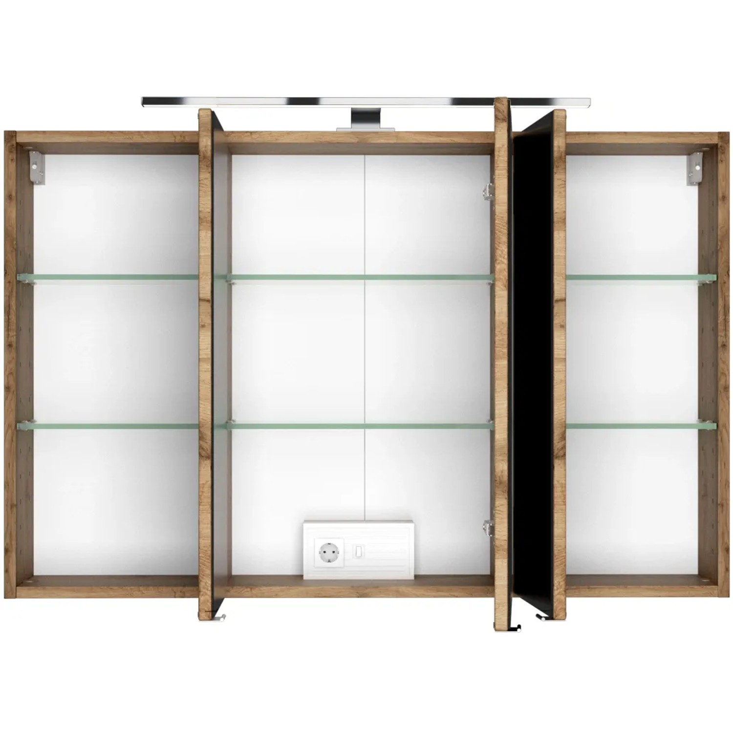 Held Möbel 3D-Spiegelschrank Bari 100 cm in Wotaneiche mit LED-Leuchte und Glasböden.