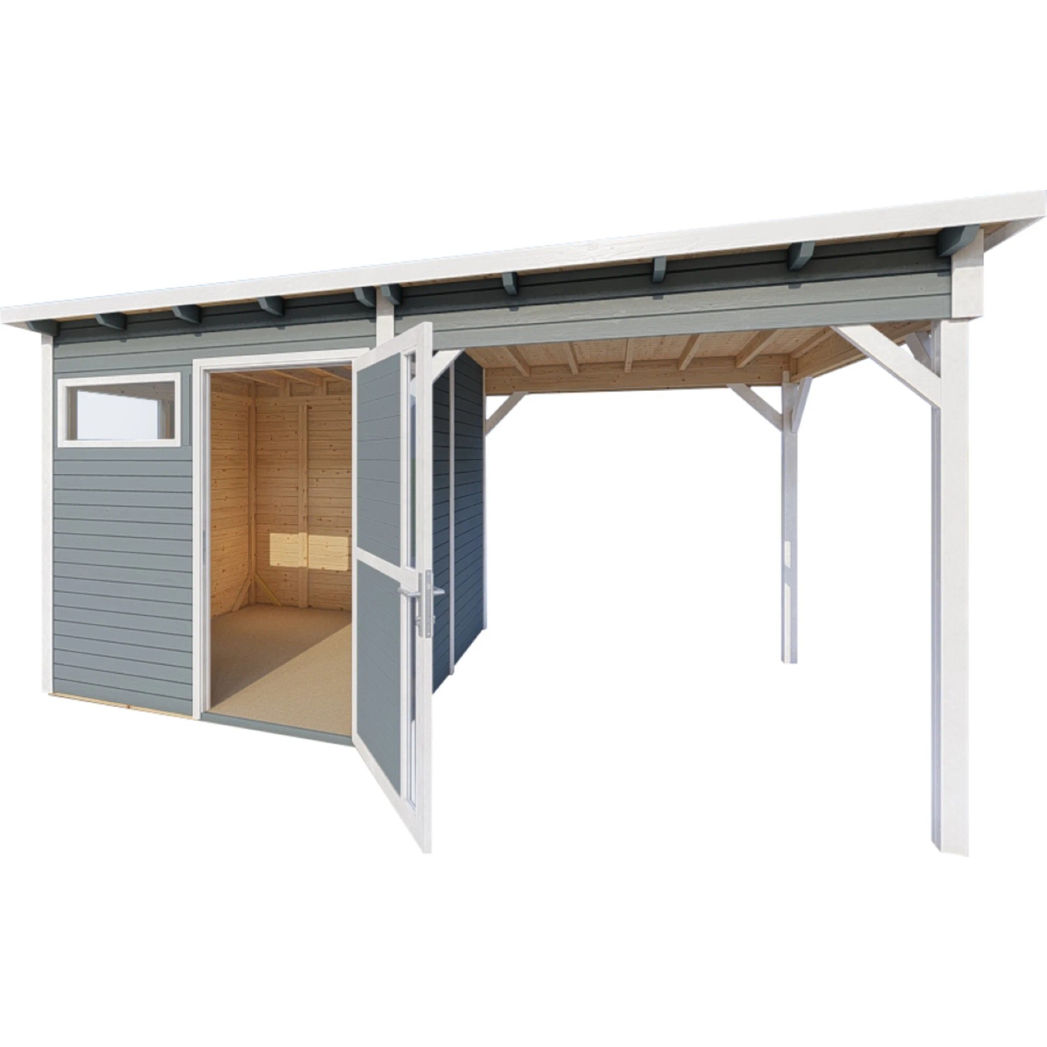 Graues Bertilo Gartenhaus Pentus 2 Lounge mit Anbau und offenen Doppeltüren.