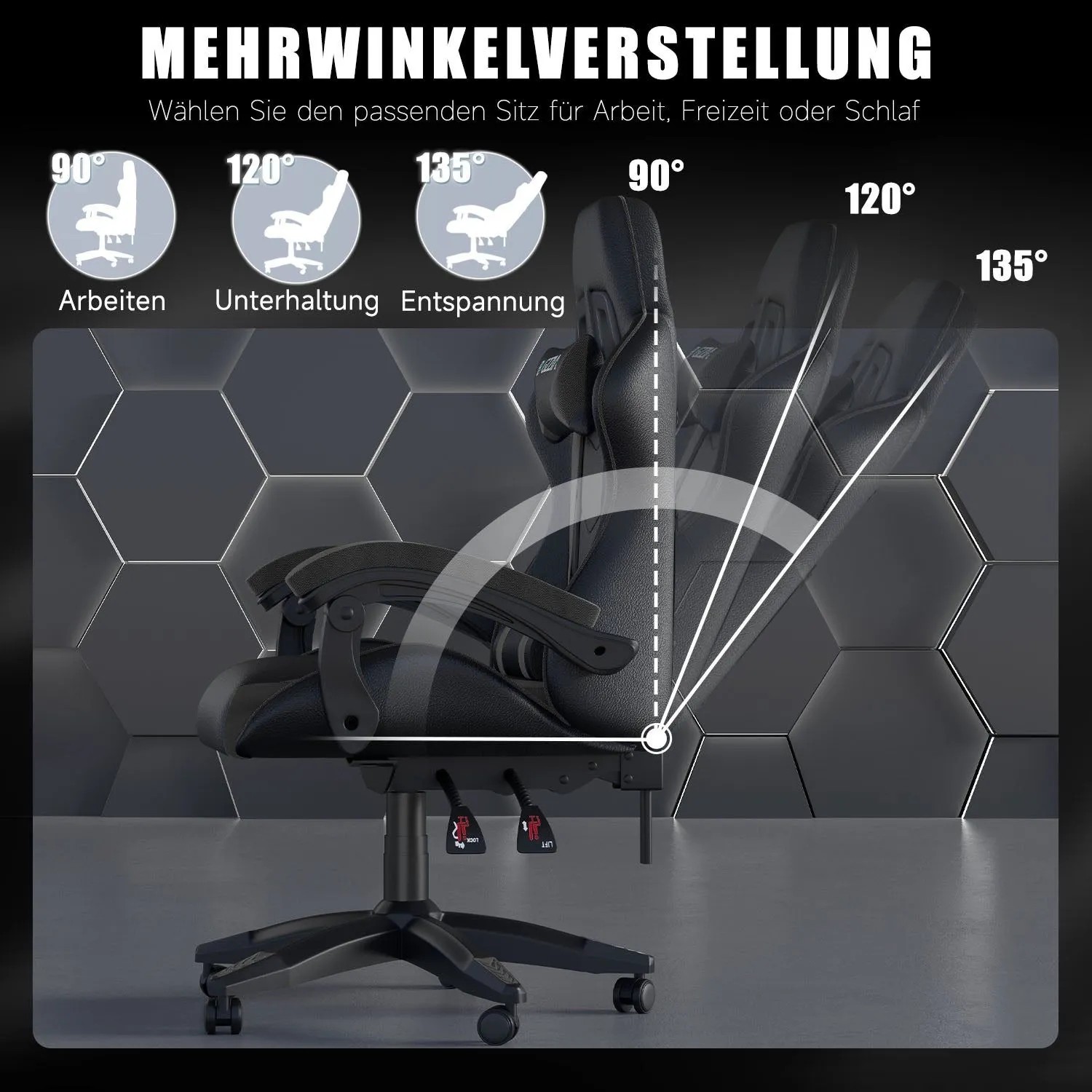 Schwarzer Rattantree Gaming Stuhl mit verstellbarer Rückenlehne für ergonomisches Sitzen.