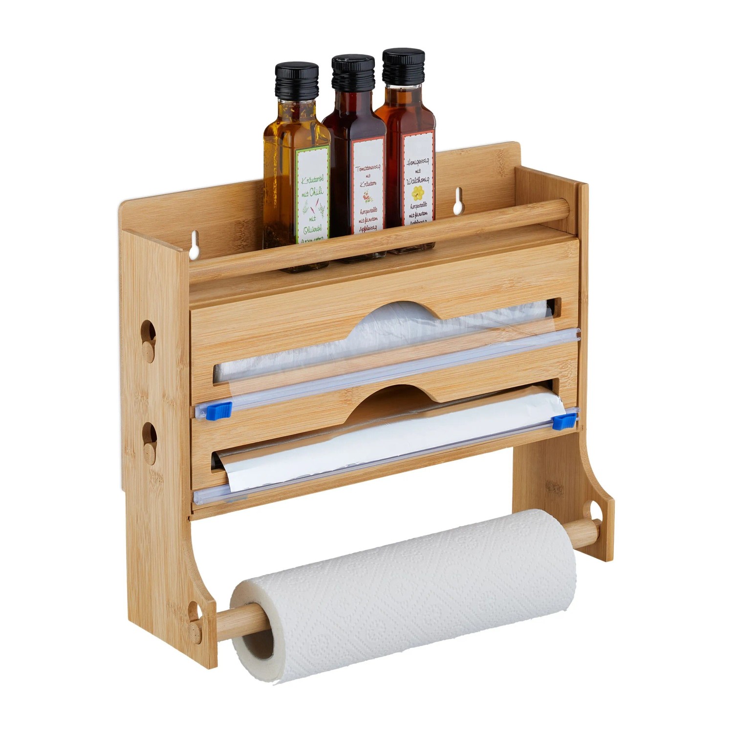Relaxdays Wandrollenhalter Bambus Natur Mit Schneider 30,5 cm x 36,5 cm x 12 cm