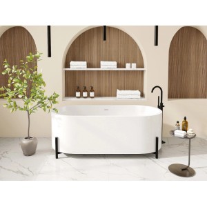 Freistehende Badewanne Alonsa in Weiß mit schwarzen Füßen, oval, 160 cm, in modernem Badambiente.