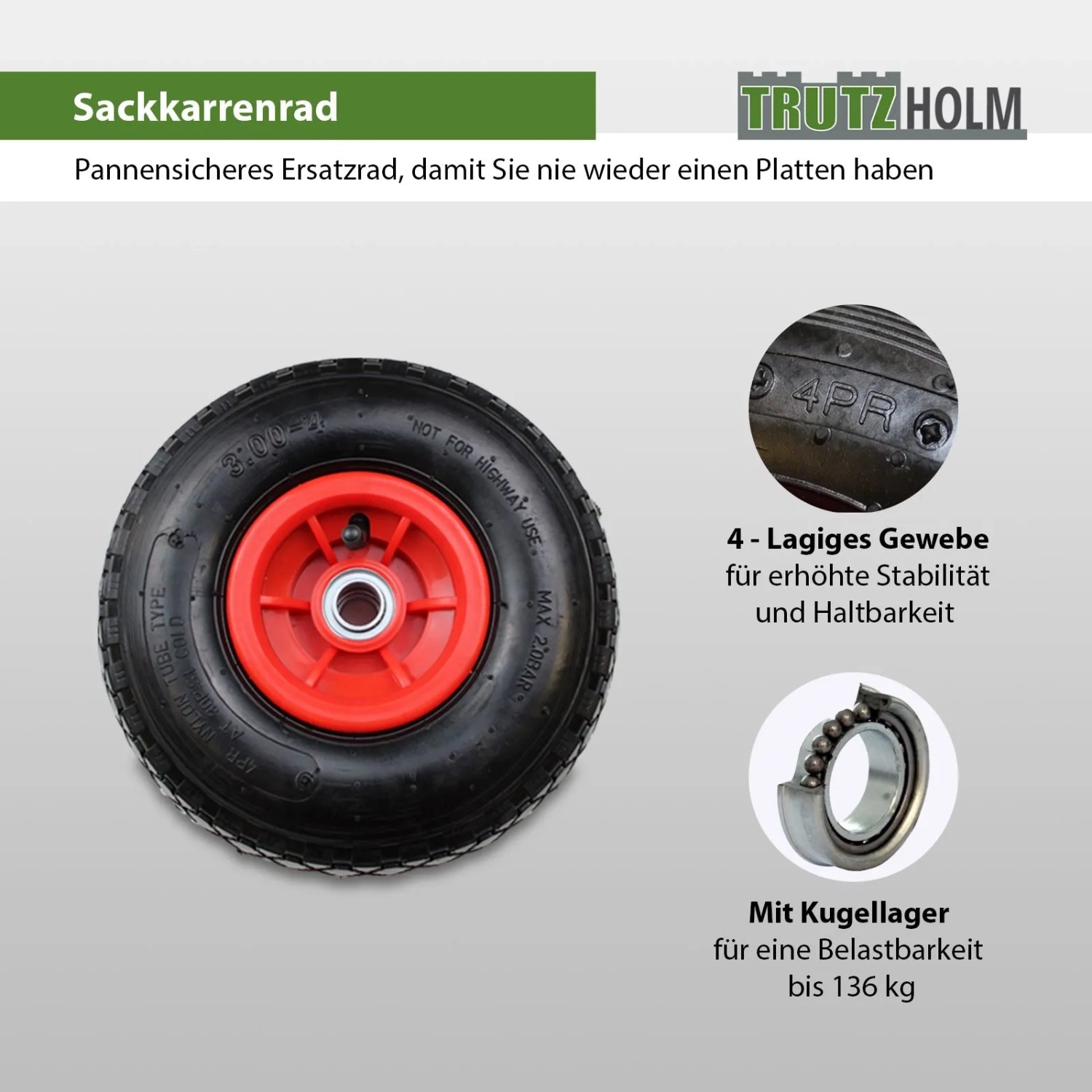 TRUTZHOLM Sackkarrenrad Luftrad 260x85mm 3.00-4 60mm Versetze Nabe Durchmesser 20mm 4PR Gewebe Rot