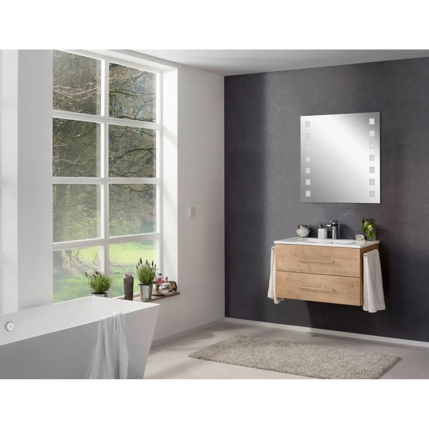 Fackelmann Waschplatz 80 cm B.perfekt Ast-Eiche mit zwei Schubladen und Keramikwaschbecken.