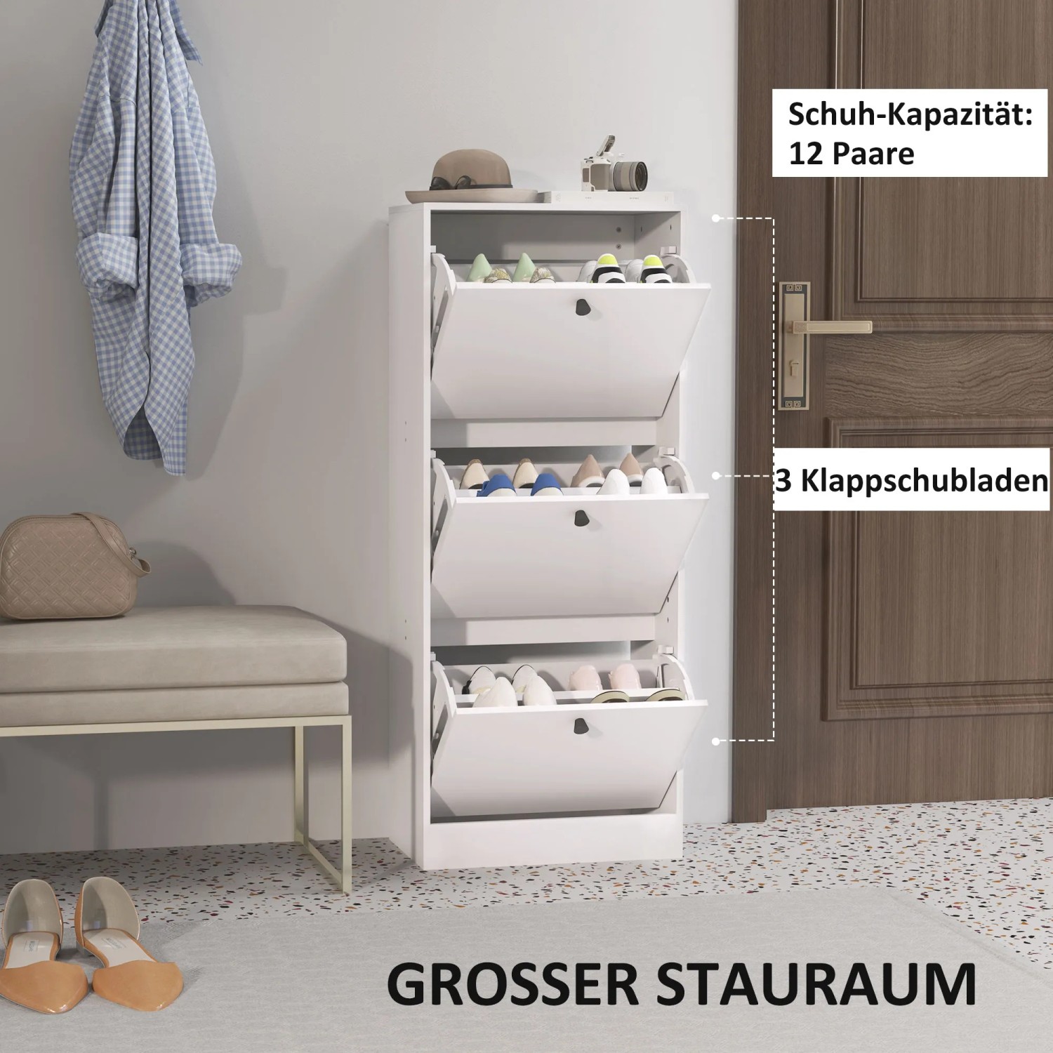 HOMCOM Schuhschrank, weiß, mit drei Klappfächern für ca. 12 Paar Schuhe. Schuhkommode aus Spanplatte.