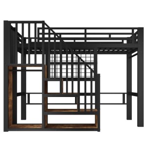 Schwarzes Metall Hochbett 90x200cm mit integrierter Aufbewahrungstreppe und Holzfächern. Platzsparendes Bett.