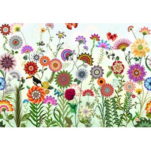 Komar Fototapete Brazil mit bunten Blumen, Schmetterlingen und einem Tukan auf hellem Grund.