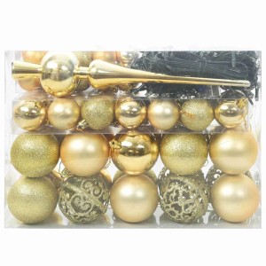 Goldenes Weihnachtskugel-Set mit LED-Lichterkette und Baumspitze im transparenten Kunststoffbehälter.