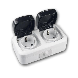 ChiliTec Feuchtraum Doppelsteckdose IP44, Aufputz, grau/anthrazit mit Klappdeckel.