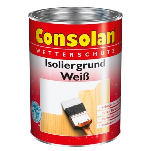 Dose Consolan Isoliergrund Weiß seidenmatt 2,5 l mit Pinsel. Holzgrundierung für Innen & Außen.