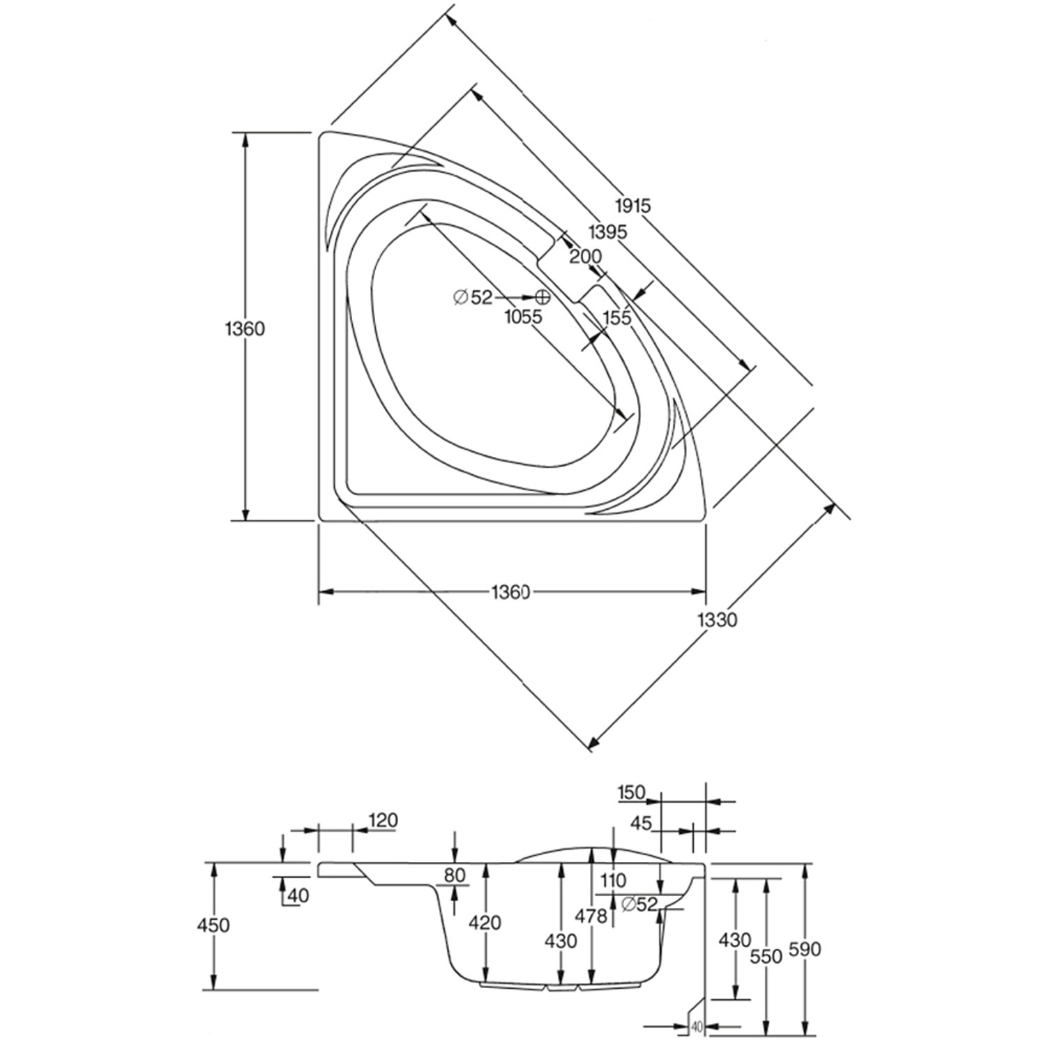 Technische Zeichnung: Eckwanne Laguna, 136x136 cm, mit Maßangaben für Installation.