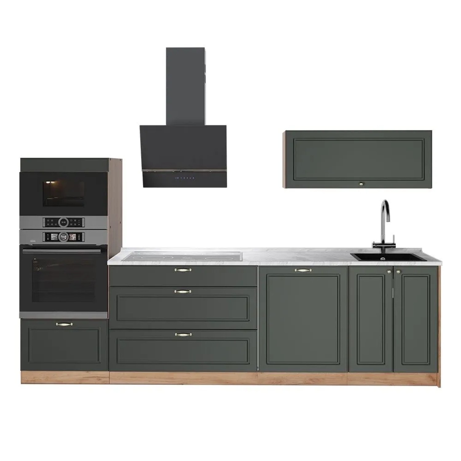 Vicco Küchenzeile Fame-Line Grün-Gold Landhaus/Goldkraft Eiche 280 x 154 AP Marmor Art Nr 64692