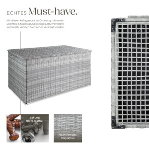Hellgraue Tectake Auflagenbox Oslo 750L aus Polyrattan mit Aluminiumrahmen für Garten Ordnungssysteme.