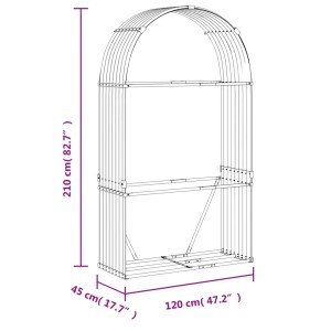 vidaXL Kaminholzunterstand, silbern, 120x45x210 cm, aus verzinktem Stahl, Umrisszeichnung.