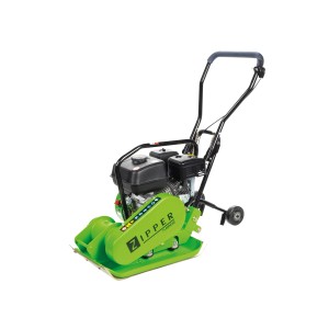 Grüne Zipper Rüttelplatte ZI-RPE60 mit Fahrwerk, ideal für Bodenverdichtung im Garten- und Landschaftsbau.