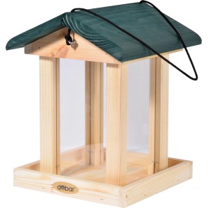 Dobar Vogelfutterstation aus Holz mit grünem Dach und Acrylglas-Futterbehälter.