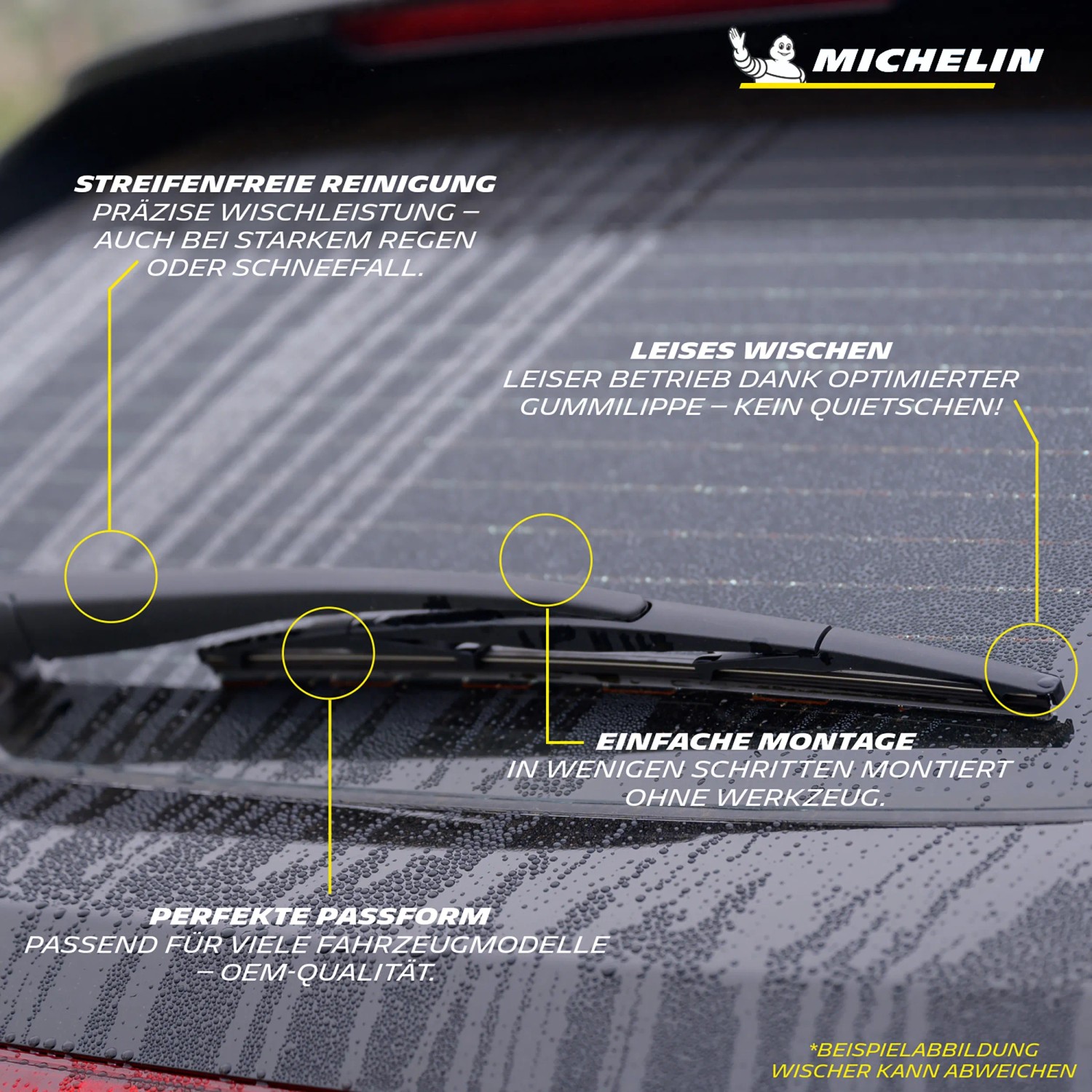 Michelin Design Blade Heckwischer 300 mm für streifenfreie Sicht bei jedem Wetter.