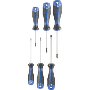 6-teiliges LUX Schraubendreher Set Comfort für Schlitz- und Kreuzschlitzschrauben mit blau-schwarzem Griff.