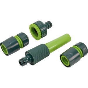 4-teiliges Grundausstattungs-Set für Gartenschläuche: Schlauchverbinder, Hahnstück und Spritze.