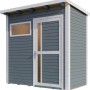 Graues Bertilo Gartenhaus Pentus 1 aus Holz mit Fenster und Tür. Ideal als Gerätehaus.