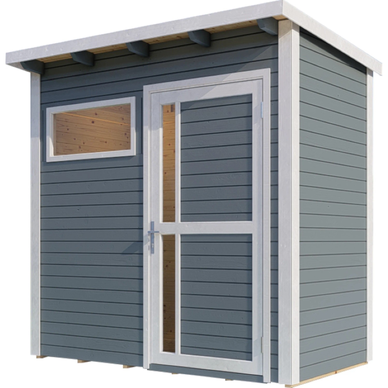 Graues Bertilo Gartenhaus Pentus 1 aus Holz mit Fenster und Tür. Ideal als Gerätehaus.