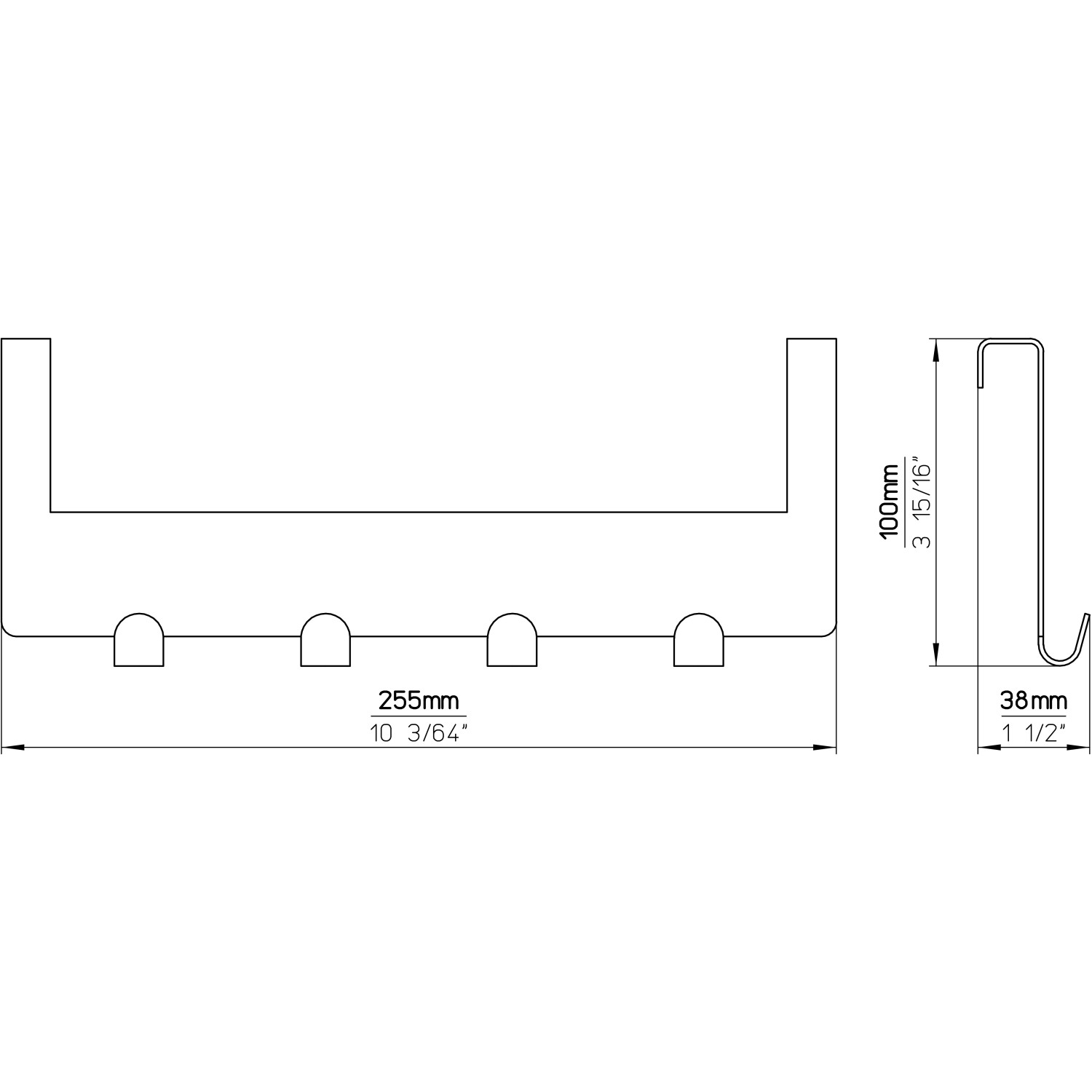 Siro Türgarderobe aus Metall, Nickel matt, 255 mm breit, mit 4 Haken. Praktische Türhaken-Lösung.