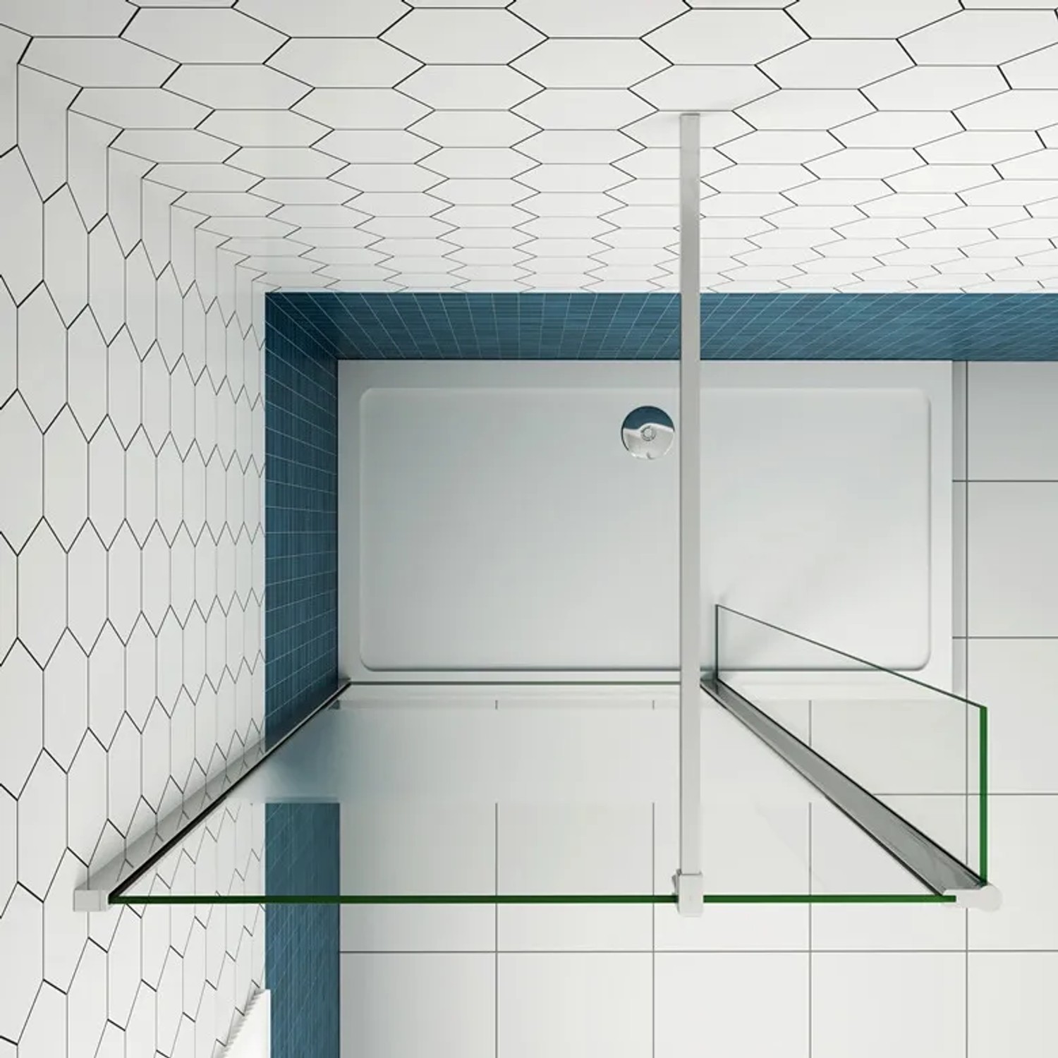 Duschparadies Walk In Dusche mit klarer 8mm Glas Seitenwand, 30cm Flipper und verchromtem Rahmen, von oben.