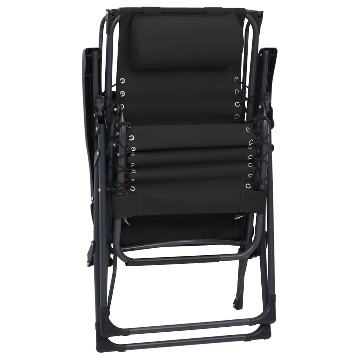 Zusammengeklappter, schwarzer vidaXL Liegestuhl aus Textilene und Stahl. Ideal für Garten und Terrasse.