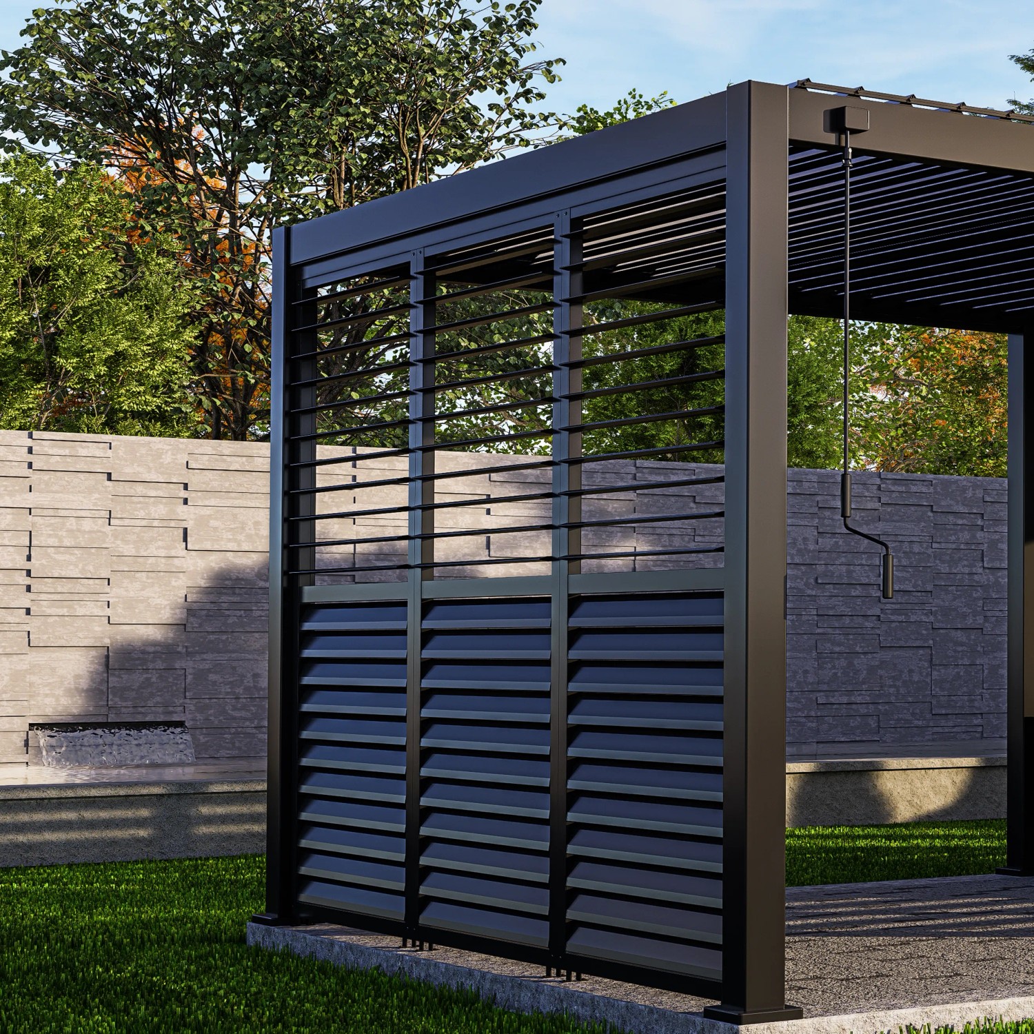 Anthrazitfarbene, verstellbare Lamellenwand Mirador (113 cm) für eine 3,6 m Terrassenüberdachung.