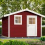 Schwedenrotes Gartenhaus 123 mit Satteldach, Holztür und Fenster im Garten.