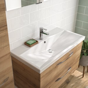 Pelipal Badmöbel-Set Serie 4035 in Riviera Eiche mit Waschtisch, Unterschrank und Spiegel.