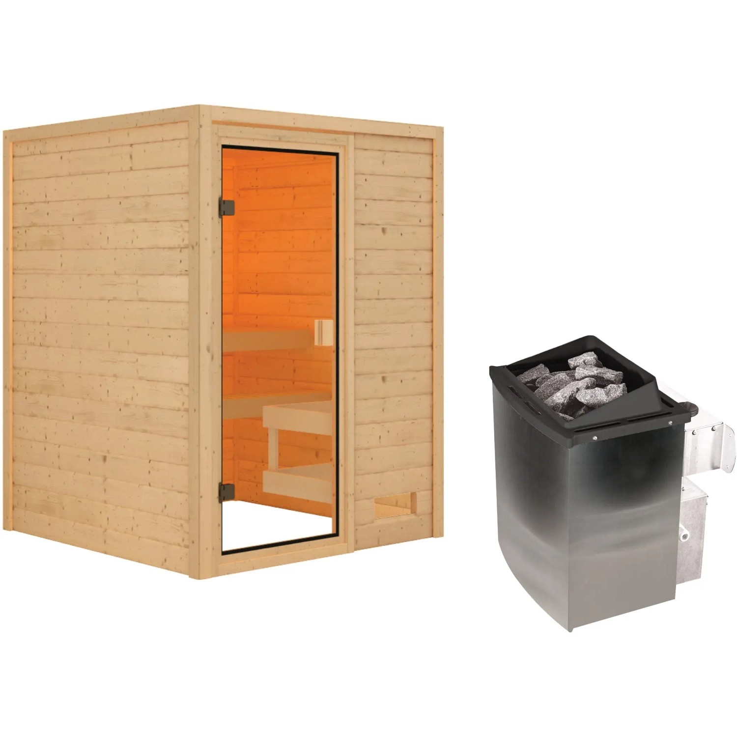 Woodfeeling Sauna Sandra mit Ofen und Glastür. Massivholzsauna für entspannende Stunden.