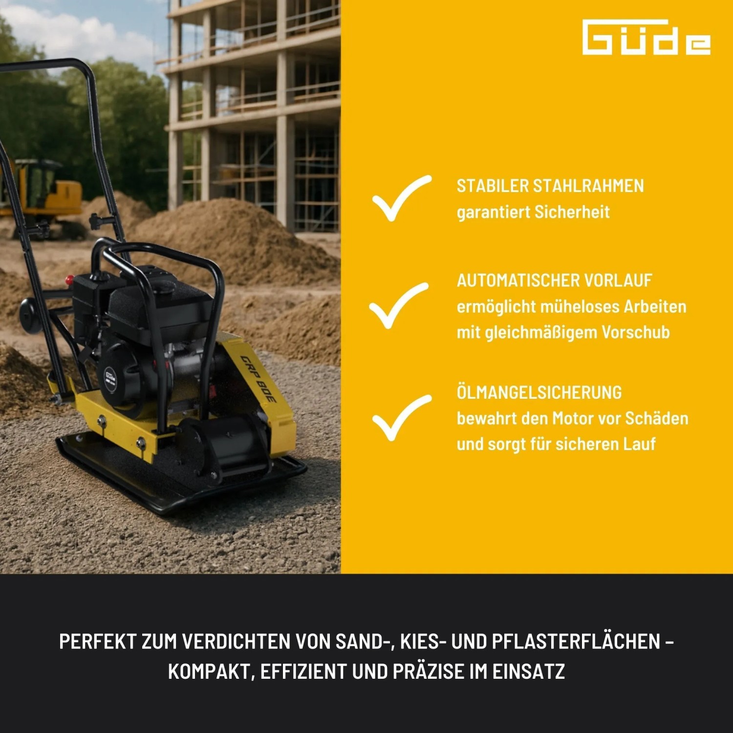 Güde Rüttelplatte GRP 80E: Baumaschine zum Verdichten von Flächen, mit Stahlrahmen und Ölmangelsicherung.