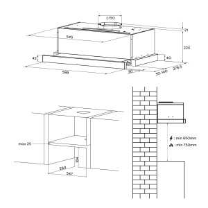 Technische Zeichnung: CIARRA Flachschirmhaube 60cm, Maße und Installationshinweise für die Dunstabzugshaube.