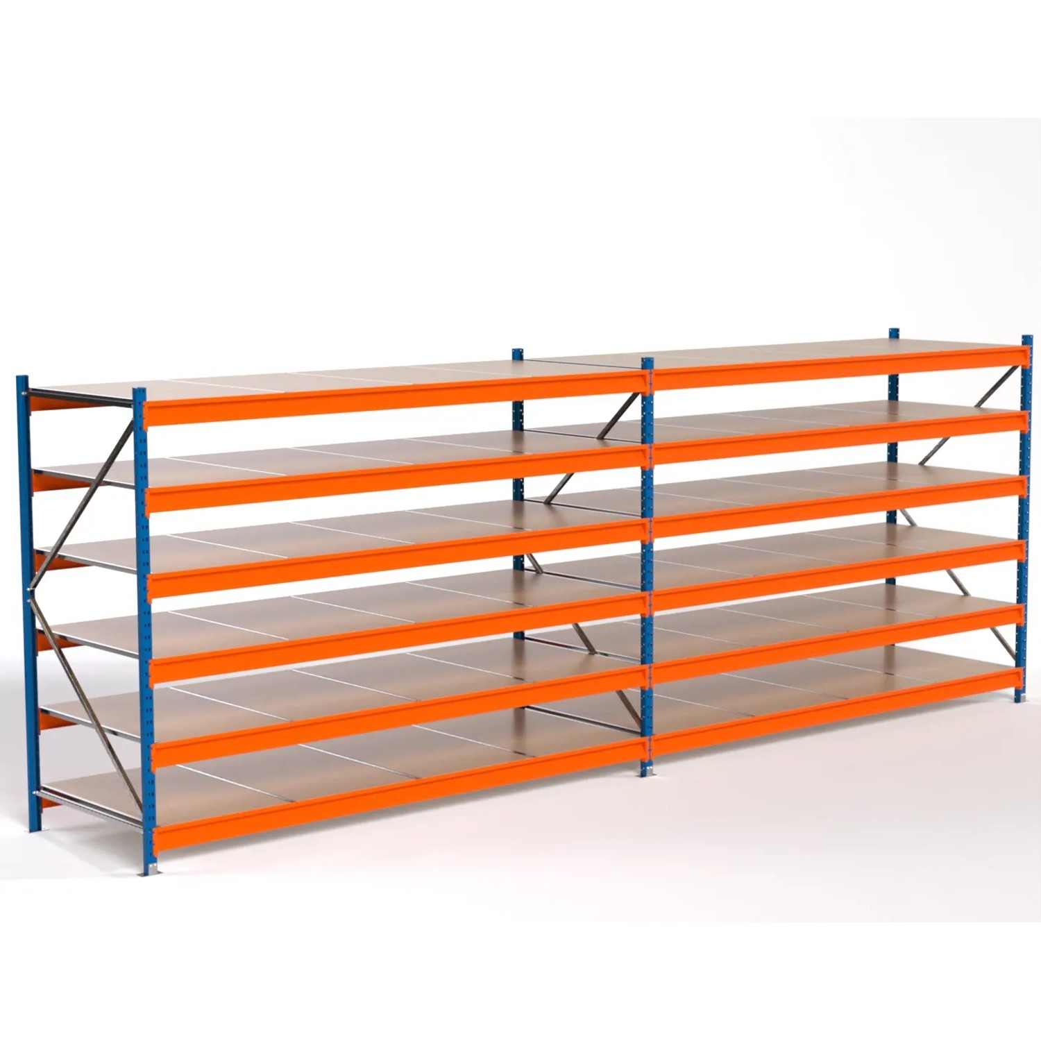 PROREGAL Industrie Weitspannregal Lagerregal MAXIMUS PRO Komplettregal 2 Felder HxBxT 200x550x100cm 6 Spanplatten-Fachboden Fachlast 450kg Blau/Orange