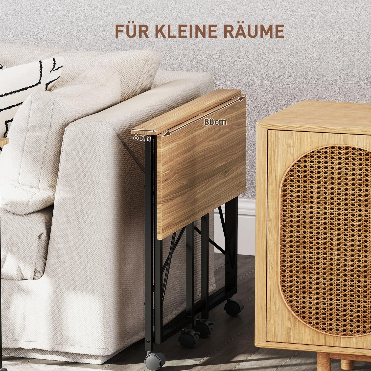 Zusammengeklappter, rollbarer HOMCOM Schreibtisch in Eiche, platzsparend für kleine Räume.