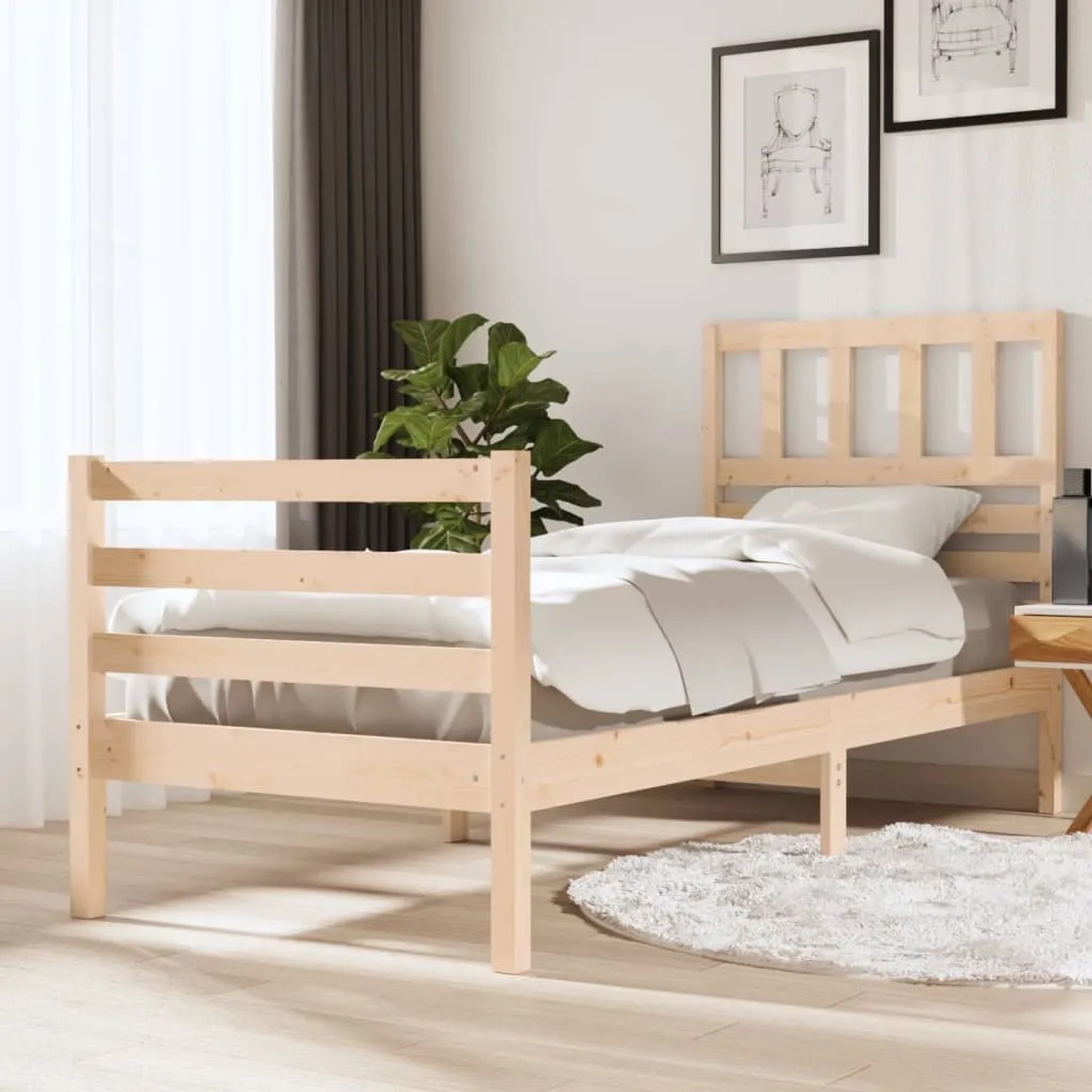 Massivholzbett 90x200 cm aus Kiefernholz, unbehandelt. Bettgestell mit Lattenrost und Kopfteil.