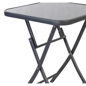 Anthrazitfarbener Bistrotisch mit Glasplatte, klappbar, 60x60 cm, ideal für Balkon und Garten.