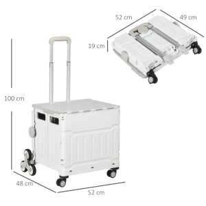 Weißer HOMCOM Einkaufswagen aus Kunststoff und Aluminium mit Treppensteiger-Rädern, zusammengeklappt und aufgebaut.