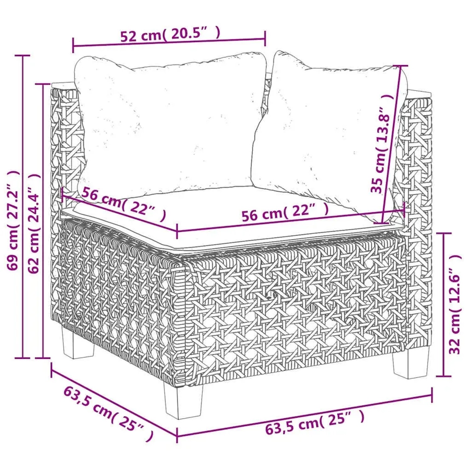 Skizze eines beigen Gartensofas aus Rattan mit Maßen, Teil einer 9-teiligen Garten-Sofagarnitur von vidaXL.