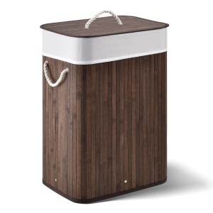 Brauner Juskys Bambus Wäschekorb Curly mit Deckel, Wäschesack und Tragegriffen.