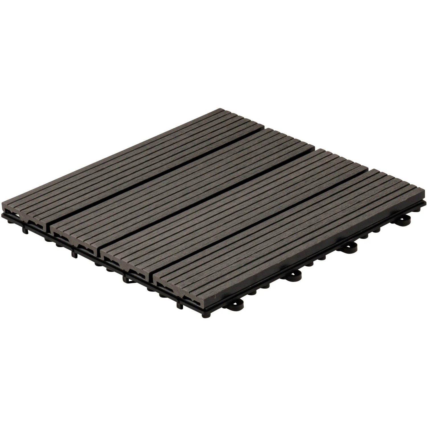 Anthrazitfarbene Home Deluxe WPC Klickfliesen (9 m²) mit Holzoptik und Stecksystem.