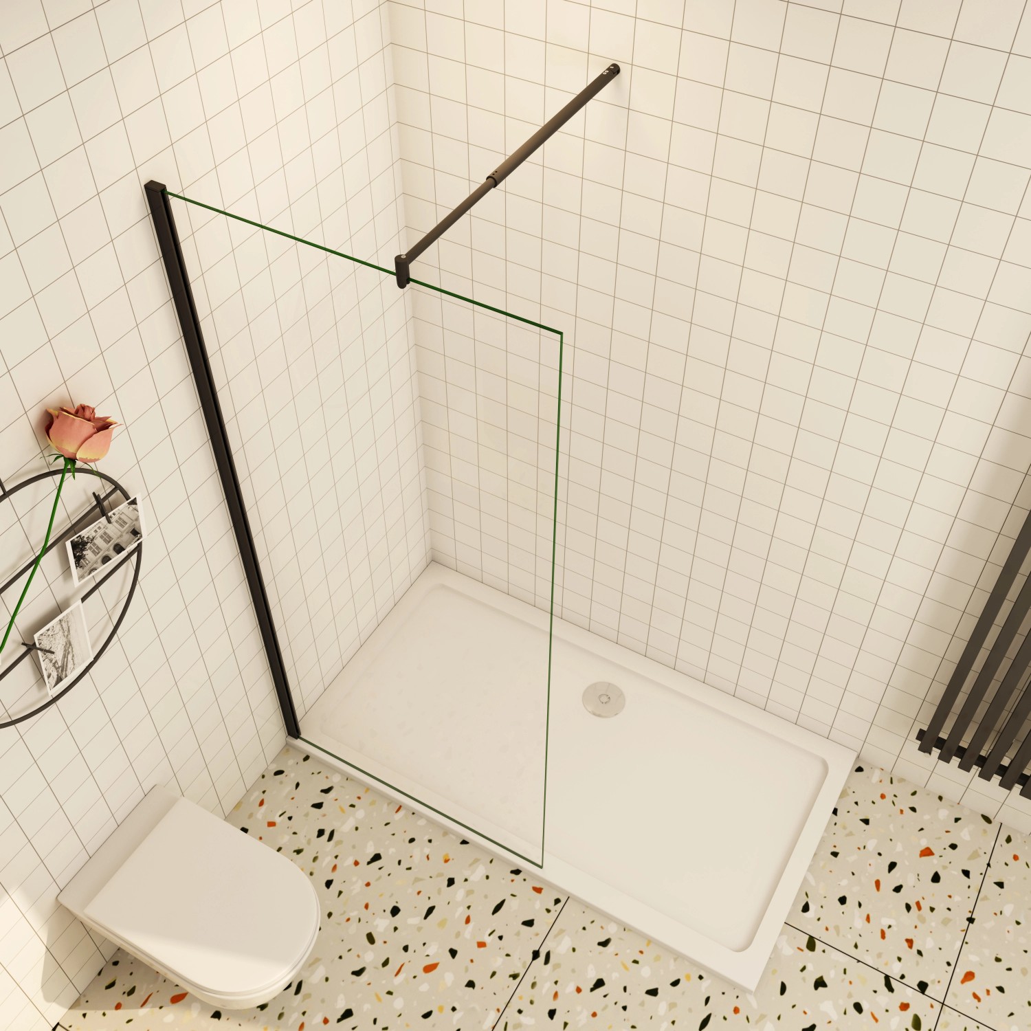 AICA Walk-In Duschwand mit schwarzem Rahmen, 8mm ESG Glas und Stabilisator, ohne Duschtasse.